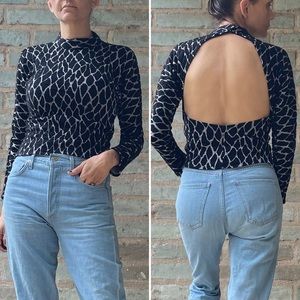 Vintage Backless Top 90s Y2K Black Silver Metallic Animal Print Mock Bodycon